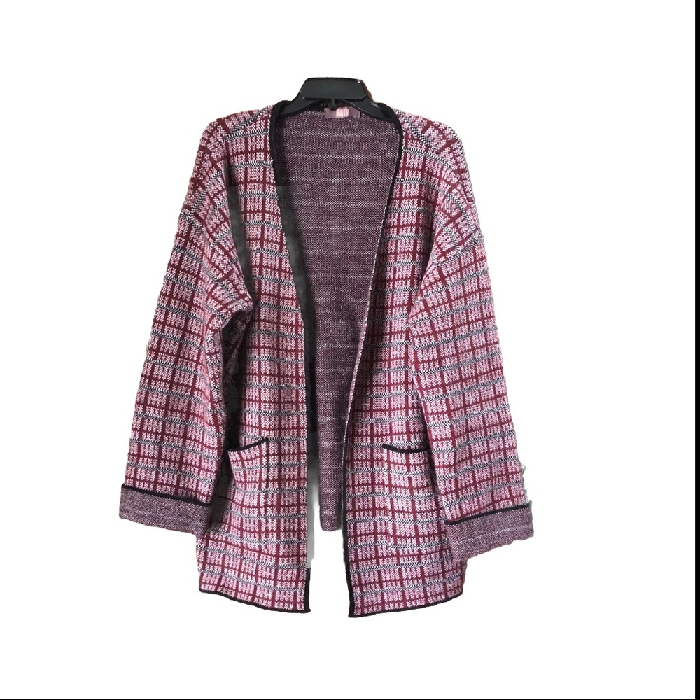 SHIFT Women’s Textured Stitch Open Plaid Long Cardigan Cozy Cabincore - 1X